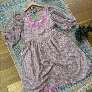 mittoshop Mauve Pink Floral Puff-Sleeve Mini Dress